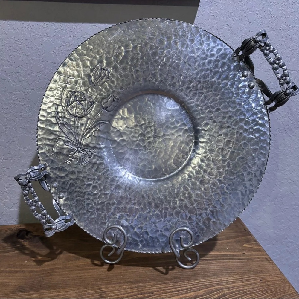 14.5" Round Handled Hammered Aluminum "Floral" Tray Rodney Kent 431